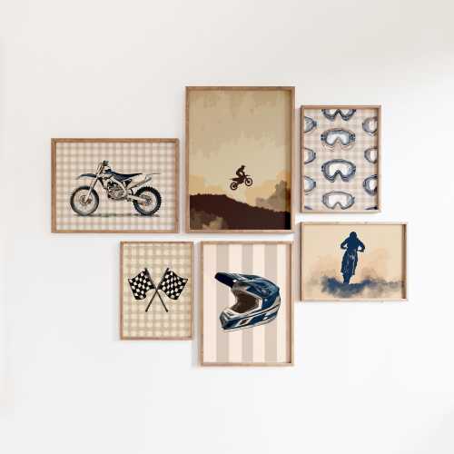 Set of 6 Motocross Prints: Vintage Dirt Bike Posters, Racing Gifts for Boys Bedroom Decor, Sports Nursery Printables (Digital Download)