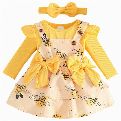 mgoYE Newborn Baby Girl Clothes Toddler Long Sleeve Fall Outfit Ruffle Romper Top Infant Skirt Set Little Girl Overall Dress(Yellow,6-9 Months)