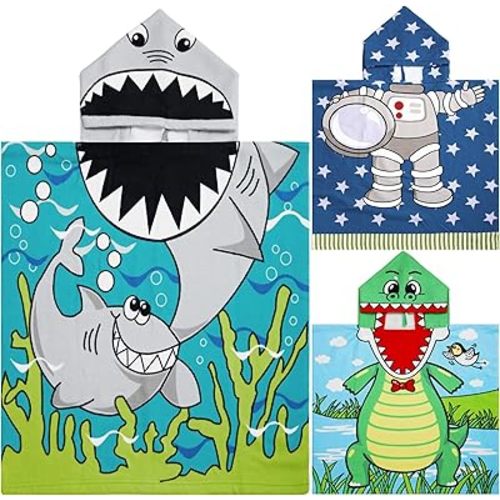 Chumia 3 Pack Kids Hooded Beach Poncho Towels Toddler Swim Pool Bath Towels with Hood Thicker Cotton Absorbent Cover up for Boys Girls Baby(47 x 24 Inch,Shark, Astronaut)