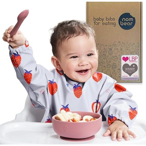 Waterproof Smock Baby Bibs for Eating (Boy or Girl 6-24 Months) - Toddler Long Sleeve Bib for Baby Led Weaning