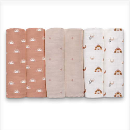 Gllquen Baby Muslin Organic Cotton Swaddle Blankets 6-Pack for Newborn Infant Girls and Boys, Sun and Moon