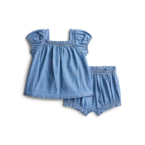 Wonder Nation Baby Girls Cotton Denim Puff Sleeve Top and Bloomer Shorts Set, 2-Piece, Sizes 0/3M-24M