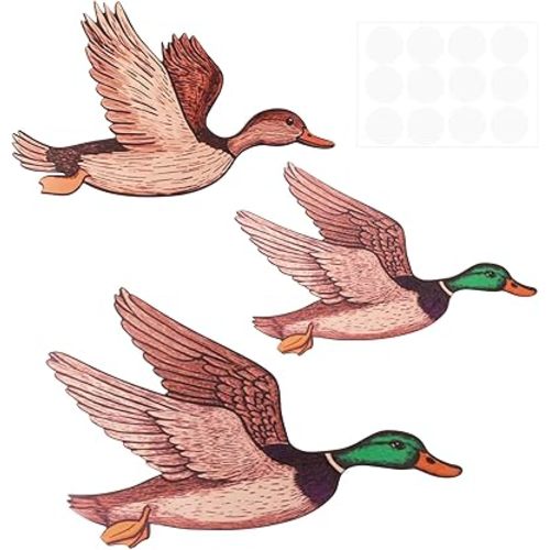 3pcs Wooden Mallard Duck Wall Decor, Flying Wooden Ducks Wall Decor with Adhesive Dots for Living Room Playroom Fireplace Mantel Rustic Waterfowl Art Decoration