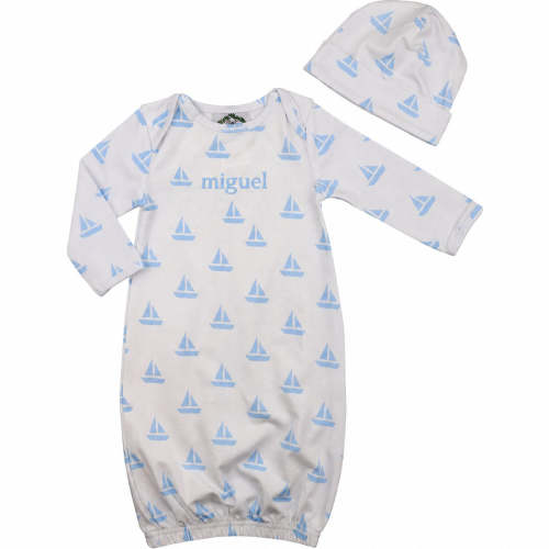 Blue Sailboat Knit Baby Gown And Beanie