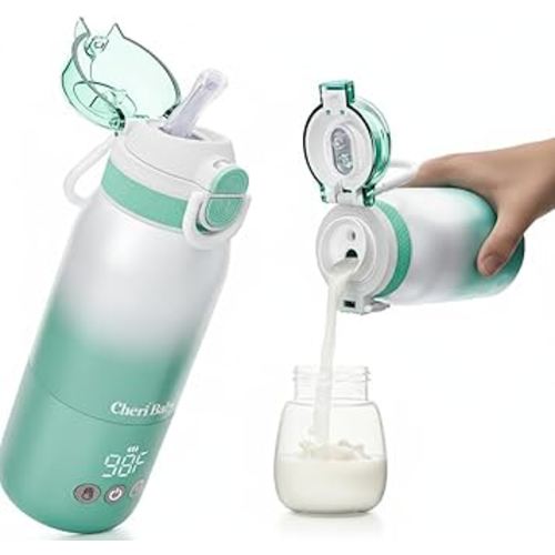 CheriBaby Bottle Warmer for Travel — Novel Straw Lid, 80W Fast Heating, Dual Heating Modes for Breasmilk & Formula, 5 Temp Settings + Keep Warm, 12 Ounces Bottle Warmer On-The-Go Meet All-Day Needs