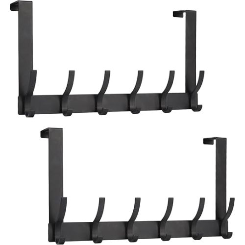Optish Over The Door Hooks, Door Hanger Hooks for Hanging, Over The Doors Towel Racks for Bathroom with 12 Coat Hook, Coat Rack Bathroom Accessories（2 Pack, Black）