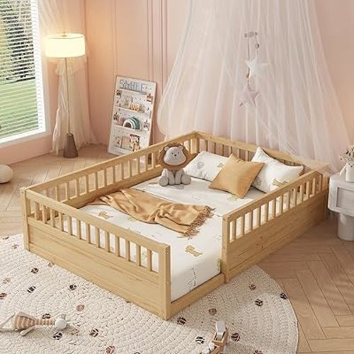 Full Size Floor Bed with High Safety Guardrails for Kids, Solid Wood Montessori Floor Bed with Opening, Full Playhouse Bed Frame for Baby Girls and Boys,Natural