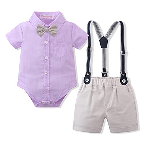 Volunboy Baby Boy Summer Beach Formal Wedding Gentleman Dress Clothes | toddler ring bearer guest dressy clothes, birthday photoshoot suspenders shorts set, short sleeve dress shirt formal wear