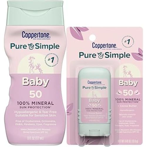 Coppertone Pure and Simple Baby Mineral Sunscreen Lotion SPF 50 (6 Fl Oz) + Baby Sunscreen Stick SPF 50 (0.49 Oz), Hypoallergenic and Fragrance Free