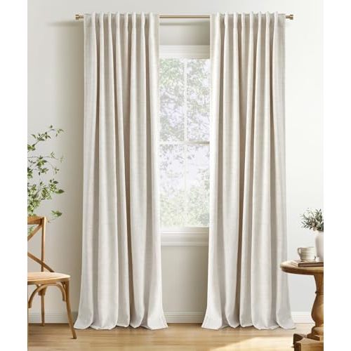 INOVADAY 100% Blackout Curtains 96 Inches Length 2 Panels Set, Back Tab/Rod Pocket Linen Black Out Curtains for Bedroom, Thermal Insulated Window Drapes - Cream, W50 X L96