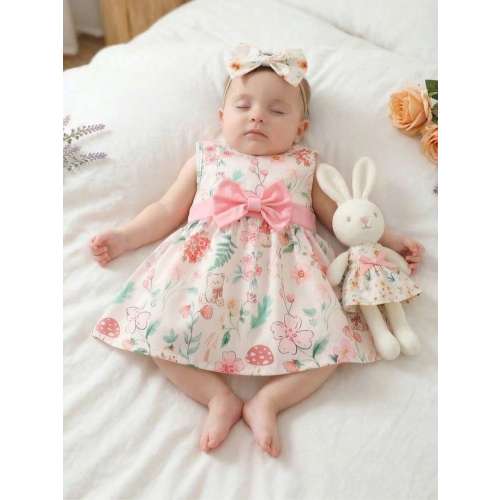 SHEIN Newborn Sleeveless Dress, Light Pink Elastic Fabric, Bow Shoulder Strap, Ruffle Hem, Lace Trim, Single Piece, Suitable For Party, Photoshoot Or Outings, Sweet, Skin-Friendly, Loose And Comfortable | SHEIN USA