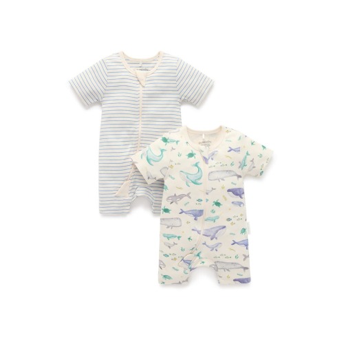(0-3M) 2 Pack Short Sleeve Zip Romper Whale Print, 0-3M