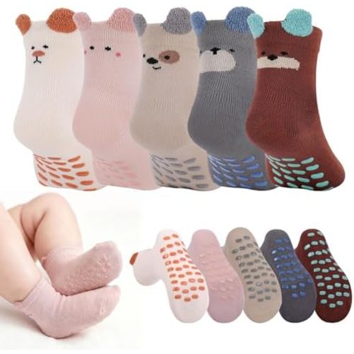 Jspupifip Toddler Non-Slip Socks with Grips 5 Pairs Cotton Cute Baby Cartoon Floor Crew Socks Indoor Soft Cotton Ankle Sock