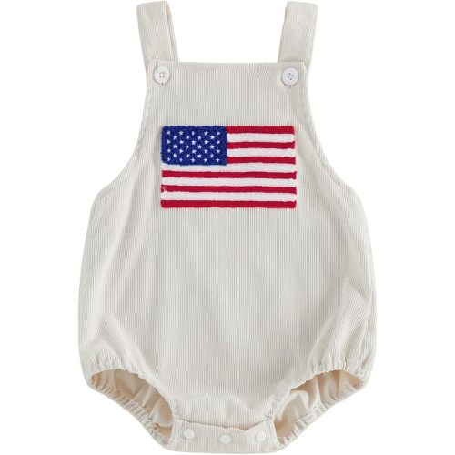 Baby Boy Girl 4th of July Outfit Sleeveless Corduroy Overalls American Flag Romper Bodysuit Infant Patriotic Clothes