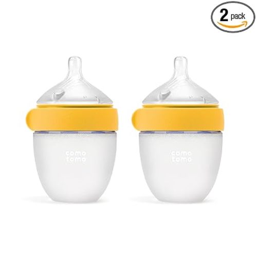 Comotomo Silicone Baby Bottle Gen 2 – 2026 Release (5oz) – True Slow-Flow Nipple for Newborn Feeding (0-3 Months) with Dual Anti Colic Vents for Breast to Bottle Transition, Yellow (Double Pack)