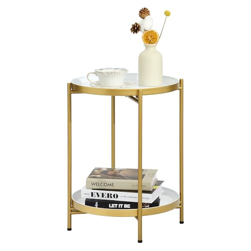 2-Tier Round End Side Table, Small Metal Side Table with Removable Tray, Folding Accent Tables for Living Room, Balcony, Nightstand for Bedroom, Outdoor Tables for Patio, Gold&White