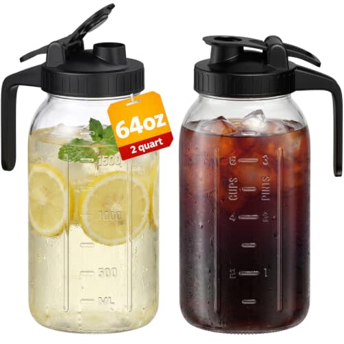 Mason Jar Pitcher Set of 2, 64oz (2quart) Glass Pitcher with Lid for Tea | Airtight, Leak proof, Ergonomic Handle, Pour Spout Lid, Fridge Safe, for Sun Tea, Iced Tea, Cold Brew, Lemonade, Outside