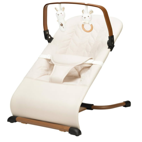 Portable Baby Bouncer, Bouncer Seat for Babies 0-12 Months, 3 Recline Positions, Foldable Baby Rocker Chair with Removable Wooden Toy Bar, Beige
