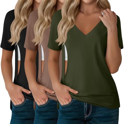 3 Pack Women's Nursing Tops, Hidden Zipper Nursing Shirts for Breastfeeding & Pumping V Neck Short Sleeve