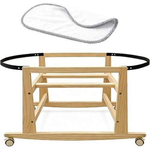 Wooden Bassinet Stand with Foldable Wheels and Change Mat, Rocking Moses Basket Stand for Baby Bassinets, Baby Basket Stand with Waterproof Diaper Changing Pad