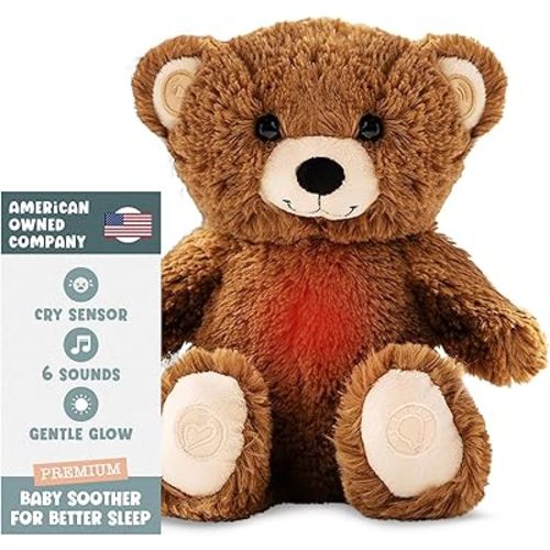 Gemma Joy Baby Sleep Soother Brown Bear Baby Gifts – Cry Activated Heartbeat Stuffed Animal – Rechargeable Crib Soother with White Noise, Shush, Lullabies & Night Light – Newborn Essentials Must Haves