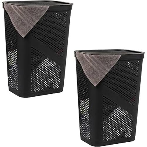 Mind Reader 60L Slim Laundry Hamper, Clothes Basket, Lid, Ventilated, Plastic, Set of 2, Black