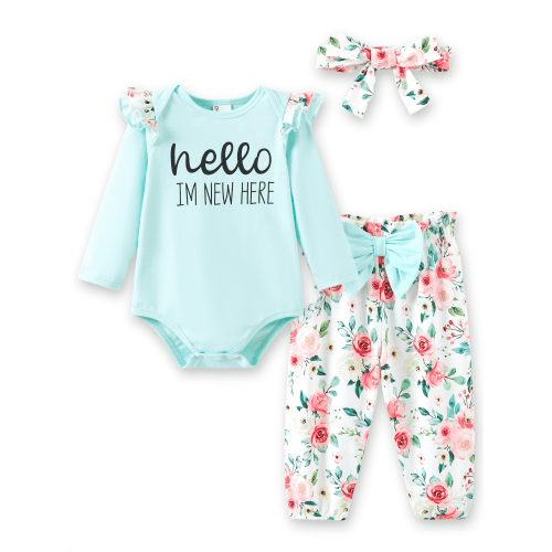 PatPat Baby Girl Clothes Floral Romper Long Sleeve Pants Headband Set Summer Winter Clothing for Newborn Infant Baby Girls Mint Mambo Mint Mambo Mint Mambo 0-3 Months