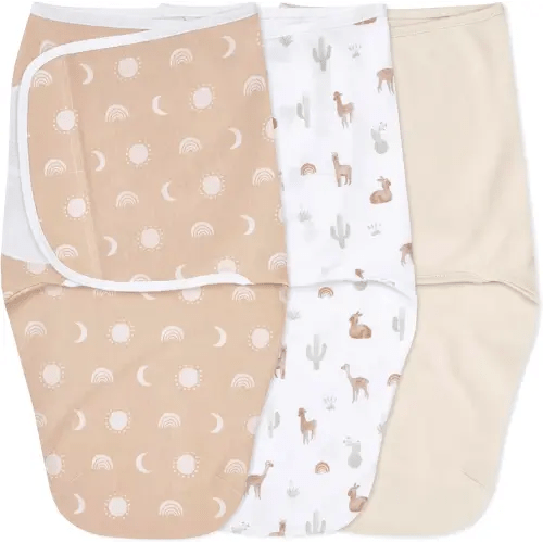 aden + anais Easy Swaddle Wrap, Newborn Wearable Swaddle Blanket, Adjustable Fasteners, 100% Cotton, 3 Pack, 0-3 Months, Desert Sun