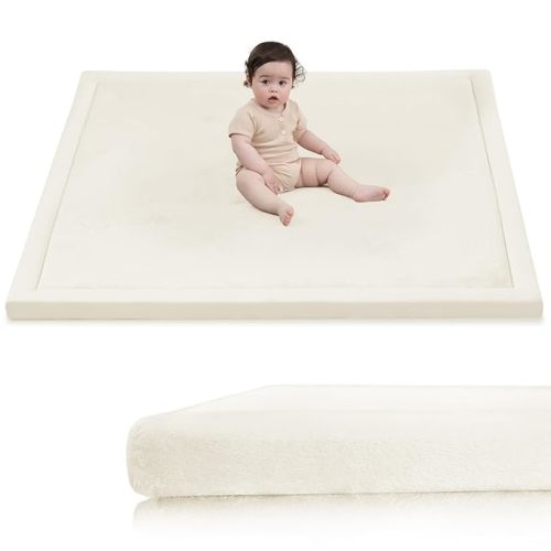 Baby Play Mat for Floor,1.3" Thick Elasti-Foam 50x50 Playpen Mat for Toddlers Infant Kids,Water-Repellent Soft Coral Velvet for Tummy Time,Non-Slip Backing for Crawling,Tatami Style(Cream)