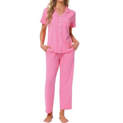 cheibear Women's 2 Pcs Button Down Short Sleeve Shirt and Pants Pajama Set Loungewear Small Light Pink