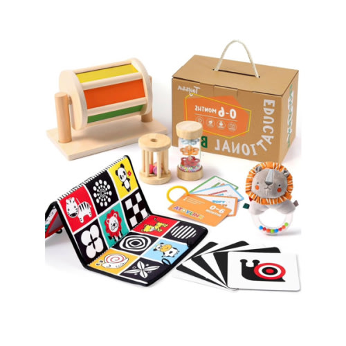 Toyssa Montessori 6 in 1 Wooden Learning Educational Sensory Toys for Babies 0-6 Months with Spinning Drum, Tissue Toys, Baby Rattle, Flash Card - Perfect Birthday Gifts for Boys & Girls