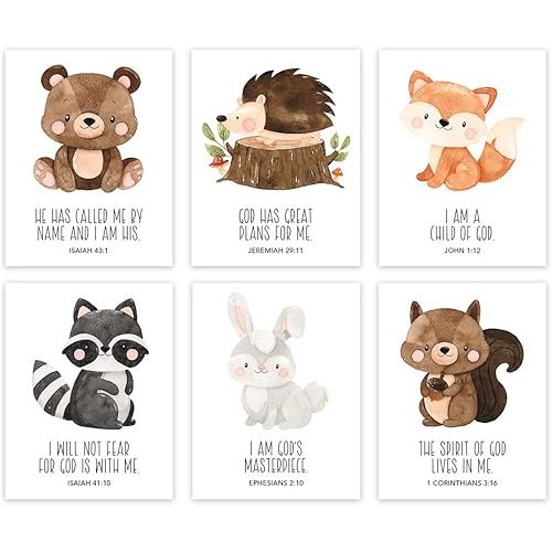 Andaz Press Christian Bible Verses Quotes Nursery Kids Bedroom Unframed Hanging Wall Art Poster Decor, 8.5x11-inch, Cute Woodland Forest Animals Theme, I Am a Child of God, 6-Pack, No Frames
