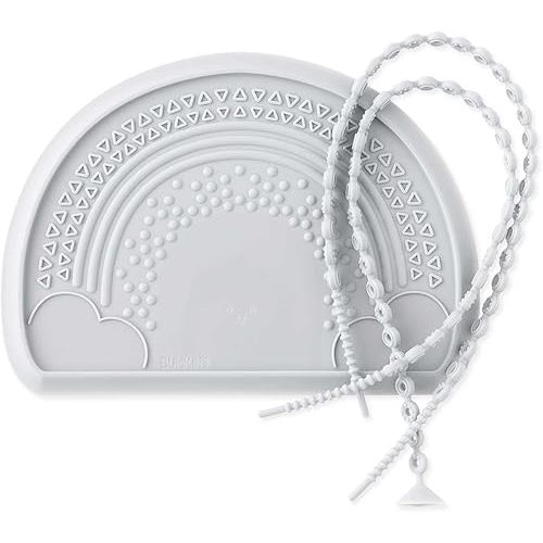 Bumkins - Silicone Sensory Placemat - For Boys & Girls, Babies & Toddlers - Silicone Tether Strap - Lightweight & Non-Slip - Suctions to Table & Highchair - Textured Design - Dishwasher Safe - Gray