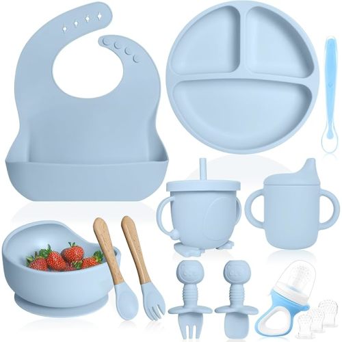 Bluet B- Silicone Baby Feeding Set with Pacifier - Baby Led Weaning Supplies - Baby Spoons, Suction Bowl - Plate - Baby Utensils Set - Silicone Feeding Set for Baby First Foods -11pcs - Light Blue