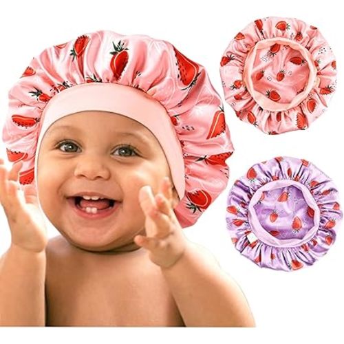 YANIBEST 2 Pcs Baby Satin Bonnet for Sleeping Kids Double Layer Sleeping Caps for Toddler Silk Bonnet Elastic Wide Band