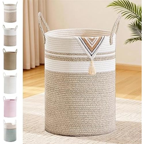 Tall Laundry Basket with Handles, 72L Portable Dirty Clothes Hamper, Boho Cotton Rope Storage Bin for Blankets Kids Toys Gifts, Large Organizer for Baby Nursery Bedroom Bathroom, New Brown