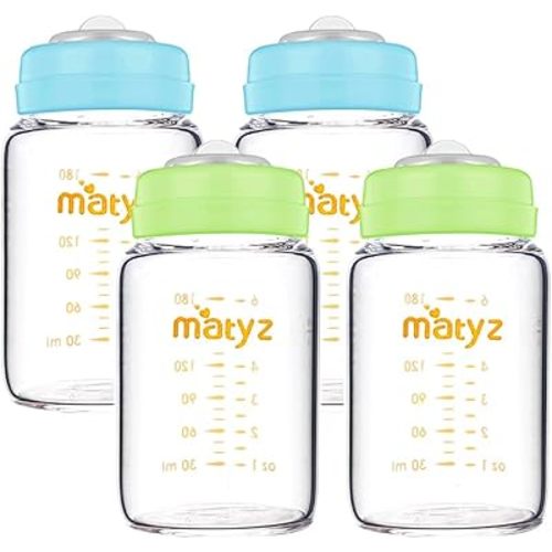 Matyz Glass Breastmilk Storage Containers, 4 Pack, 6 oz Bottle, Fit with Spectra Medela Avent Pump - Wide Mouth Breastmilk Collection and Storage Bottle with Lids - No BPA (2 Green & 2 Blue Lids)