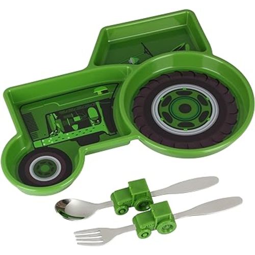 Funwares Green Tractor Engaging Kids' Dinnerware Set: Durable, Divided Plate, Fun Fork and Spoon, Ideal for Picky Eaters, Educational Mealtime, Easy Cleaning, Gift for Toddlers