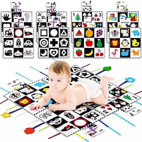 beiens Baby Toys 0-6 Months, Tummy Time Crinkle Toys with Mirror, Black and White High Contrast Sensory Toys for 0-6-12-18 Months Toddler Newborn, Boy Girl Gift Set, Play Mats-4 in 1
