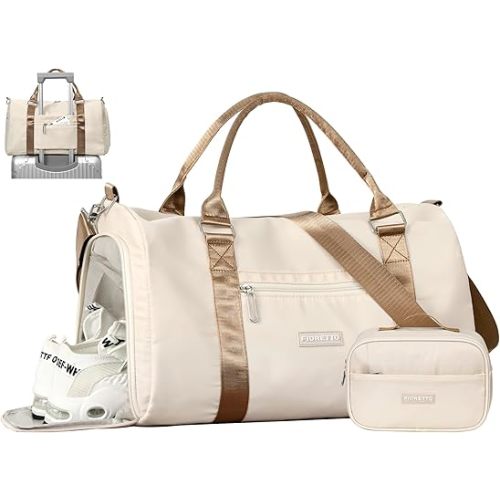 FIORETTO Womens Gym Tote Duffle Bag with Toiletry Bag, Sports Duffel Overnight Hospital Workout Carry on Bag for Girls with Wet Pocket & Shoe Compartment, Ideal for Travel, Swimming, Beige & Brown