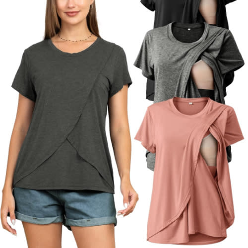 Rnxrbb 3 Pack Women's Nursing Tops for Breastfeeding Summer Short Sleeve T Shirts Postpartum Double Layer Clothes