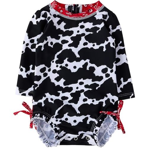 RuffleButts Baby Girls UPF 50+ Sun Protection Floral Printed Long Sleeve One Piece Rash Guard Swimsuit with Zipper