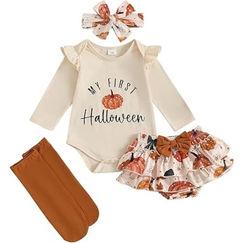 MoZiKQin Baby Girl Easter Outfit Bunny Cross Romper Onesie Ruffle Layered Shorts Headband Socks Cute Easter Clothes