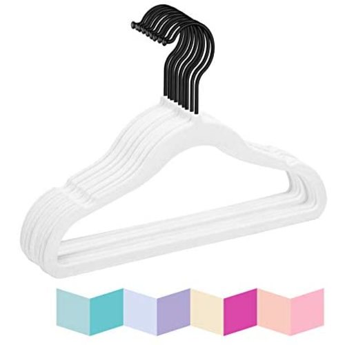 MIZGI Premium Kids Velvet Hangers (Pack of 50) with Black Hooks,Space Saving Ultra Thin,Non Slip Baby Hangers for Children's Skirt Dress Pants,Clothes Hangers by (White/Black)