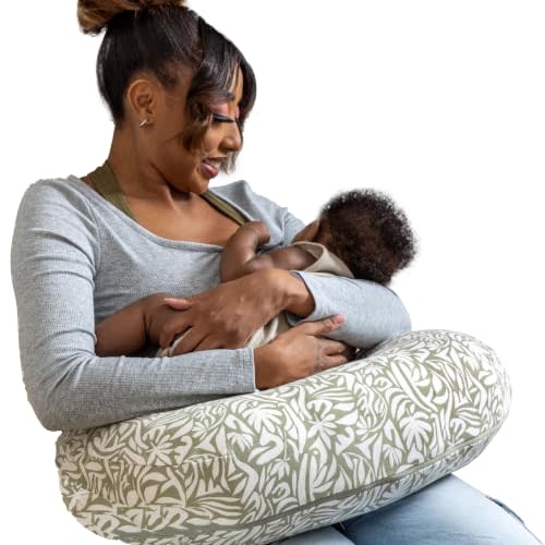 Boppy Nursing Pillow, Organic Cotton Cover, Ergonomic Breastfeeding Support | High, Firm, Large Area Cushion, Water-Repellent Liner, Washable Cover, Flexible Fiber Fill - Green Cut Out Leaves
