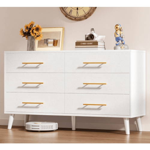 Noelse 6 Drawer Dresser for Bedroom, Chest of Drawers with Metal Handles and 6 Deep Drawers, TV Stand for Nursery, Living Room, Entryway, White