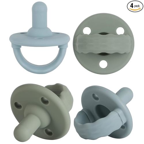 Soother Pacifier,Food Grade Silicone Pacifiers with Handle & 3 Holes for Added Safety, BPA Free, 4-Pack (Sage x2 / Ether x2)