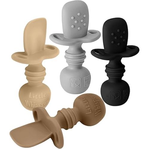 LittleWhispers Baby Silicone Spoons - Self Feeding 6 Months - Infant, Toddler, & Kid Friendly Utensils - First Stage, Baby Led Weaning - 4 Pack Utensil Set (Neutral)