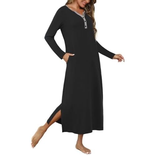 Marvmys Womens Long Sleeve Nightgowns Long Button Up Night Gown Henley V Neck Full Length Sleep Shirts with Pocket