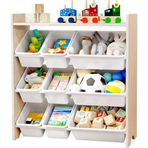 MallBest Kids Toy Organizer with 9 Bins – 4-Tier 100% Solid Wood Storage Shelf